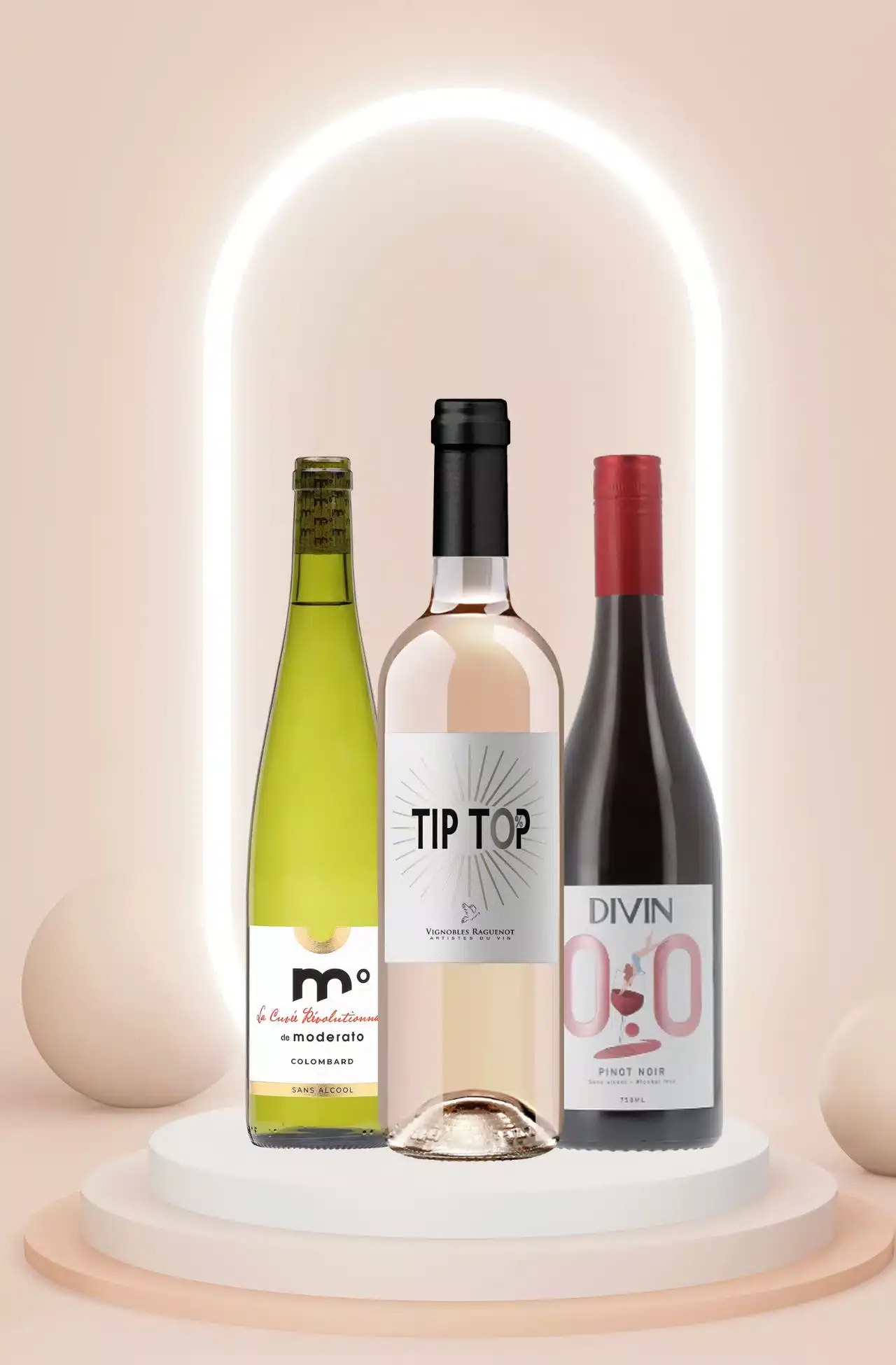 vin sans alcool 3 couleurs, moderato colombard, tip top rosé et divin pinot noir