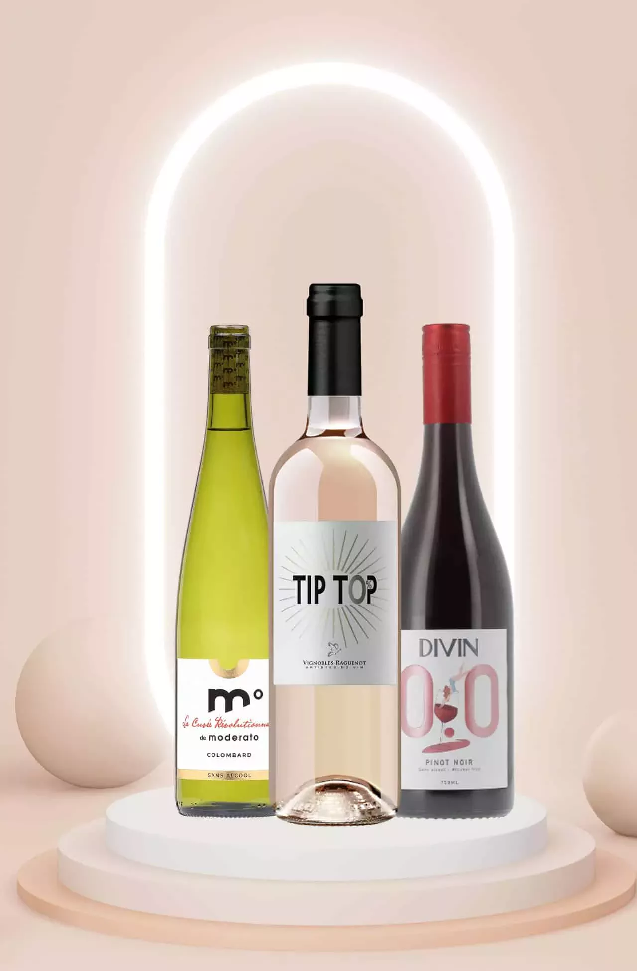 vin sans alcool 3 couleurs, moderato colombard, tip top rosé et divin pinot noir